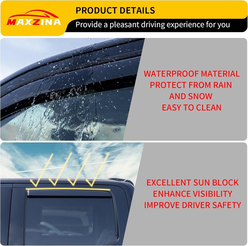 Maxzina Extended Visor Rain Guards Compatible with 2015+ F150 2017+ Raptor F-250 F-350 F-450 F-550 Super Duty SuperCrew Front and Rear in-Channel Window Visors Wind Deflectors 4PCS Accessories - Image 4